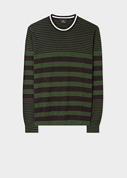Paul Smith Men's Khaki Stripe Crew Neck Sweater With Textured Collar