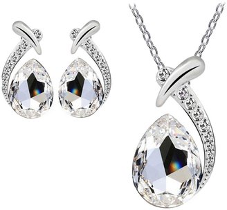 Perman Women Crystal Plated Chain Pendant Necklace Stud Earring Set