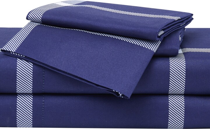 Truly Soft Printed Microfiber 4-Pc. Sheet Set, Queen - Windowpane Navy/White