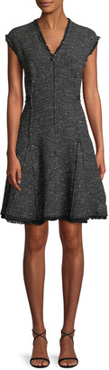 Rebecca Taylor Sleeveless V-Neck Sparkle Tweed Fit-and-Flare Dress