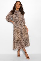 Thumbnail for your product : boohoo Leopard Print Balloon Sleeve Tie Neck Midaxi Dress