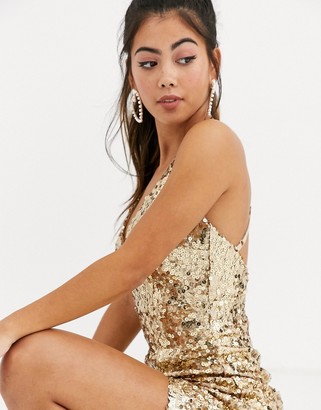 Little Mistress Petite strappy sequin maxi gown in gold