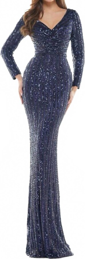 Colors Dress Long Sleeve Stripe Sequin Gown In Navy