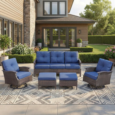 Red Barrel Studio 5-Piece Outdoor Wicker Rattan Patio Sofa Set With Swivel Chairs And Ottomans