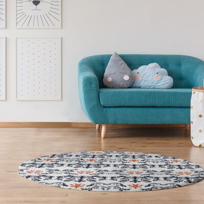 East Urban Home Round Football Baroque Pattern Damask White Area Rug
