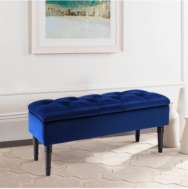 Living and Home Tufted Velvet Storage Ottoman Bench with Rubberwood