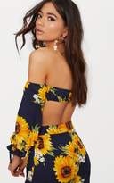 Thumbnail for your product : PrettyLittleThing Petite Navy Sunflower Print Bardot Crop Top