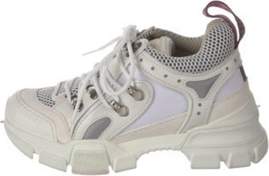 Gucci x Mega Low Top Chunky Sneakers White Mesh Leather, Rubber & Suede Trim Round-Toes with Leather Trim Embellishment Platform Lace-Up Closure at Uppers Designer