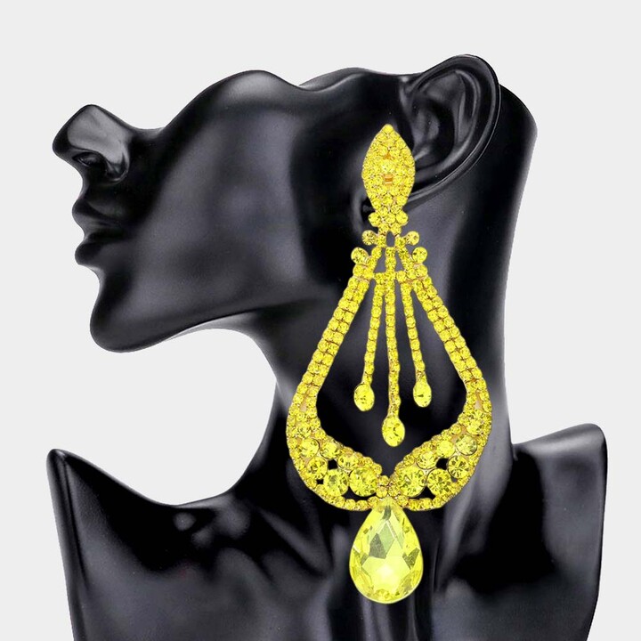 FASHNZFAB Oversized Pave Glass Teardrop Chandelier Evening Earrings - Yellow