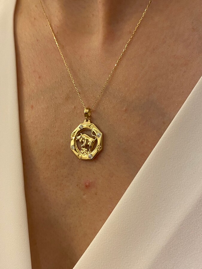 Etsy 14K Zodiac Necklace 14K Gold Charm Necklace Solid Necklace Custom Zodiac 14K Yellow Bull Taurus Sign
