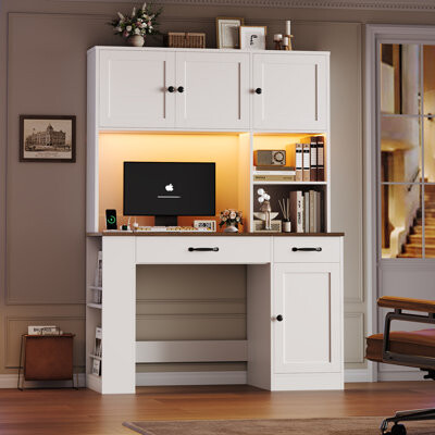 47.2”W * 70.9”H Smart Desk with Hutch, Computer Desk with Charging Station, 16-Color LED Lights, Magazine Rack & Adjustable Shelves, Home Office Writi