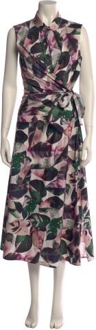 Akris Punto Floral Print Long Dress Akris Punto Shirtdress Purple Floral Print Ruffle Embellishment Sleeveless with Mock Neck Concealed Zip Closure at Side Designer