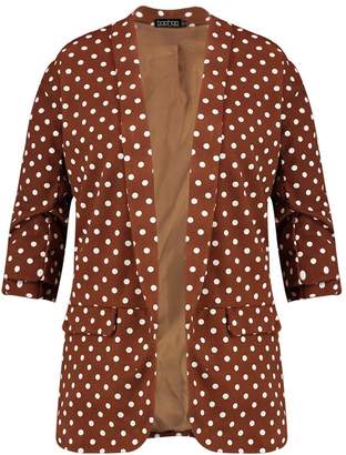boohoo Plus Polka Dot Rouched Sleeve Fitted Blazer