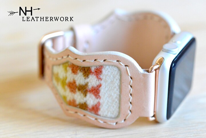 Leather Watch Band Southwestern Wool Tiny Arrows Inlay, Apple 38mm 40mm 41mm 42mm 44mm 45mm 46mm 49mm, Samsung Galaxy, Ultra 47