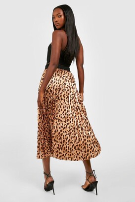 boohoo Leopard Satin Pleated Midi Skirt - ShopStyle