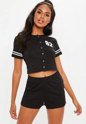 Missguided black varsity slogan short sleeve button through short pyjama set, Black