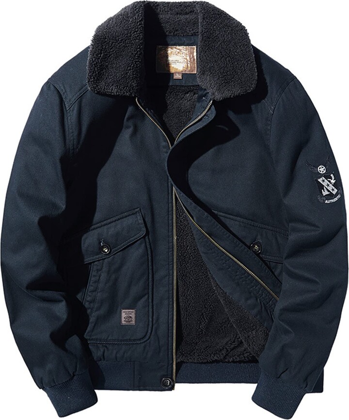 SENELK Men's Sherpa Lined Trucker Jacket Lapel Cotton Cargo Jacket