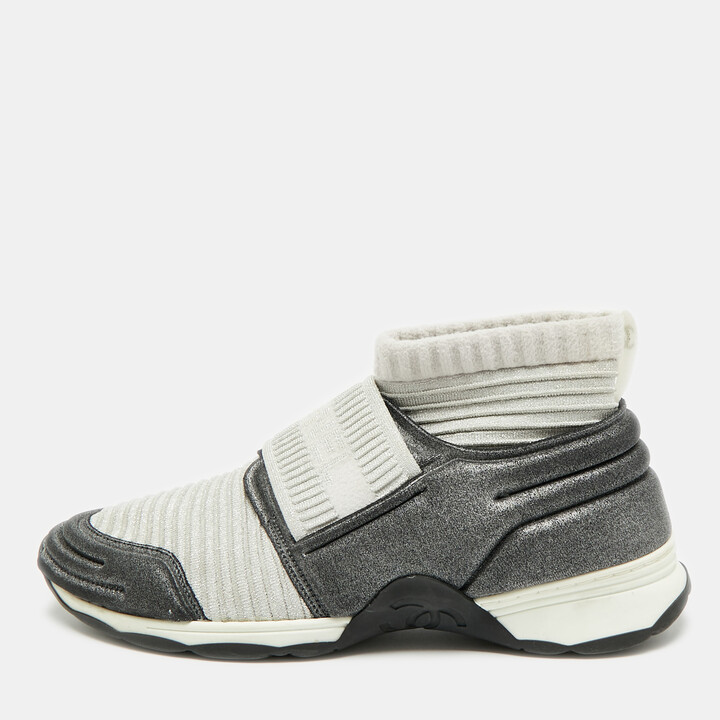 Chanel Stretch Spirit Size 38 Grey/Black Stretch Fabric Slip On Sneakers