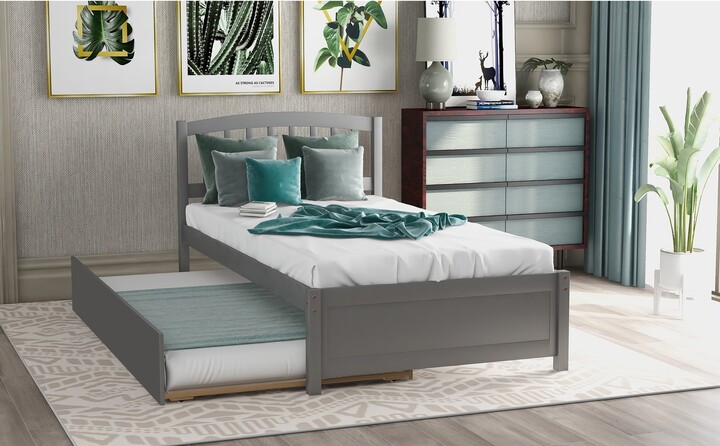 NINEDIN Solid Pine Wood Platform Bed with Trundle Storage Without the Need  Box Spring, Gray - ShopStyle