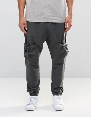 ASOS Drop Crotch Linen Joggers With Cargo Pockets In Gray