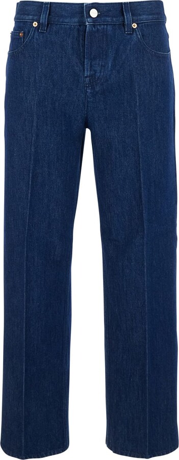 Blue Jeans With Front Pences And Logo Patch On The Rear In Denim Woman
