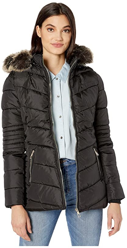 YMI Snobbish Polyfill Puffer Jacket with Faux Fur Trim Hood and Pop Zippers  (Black) Women's Clothing - ShopStyle
