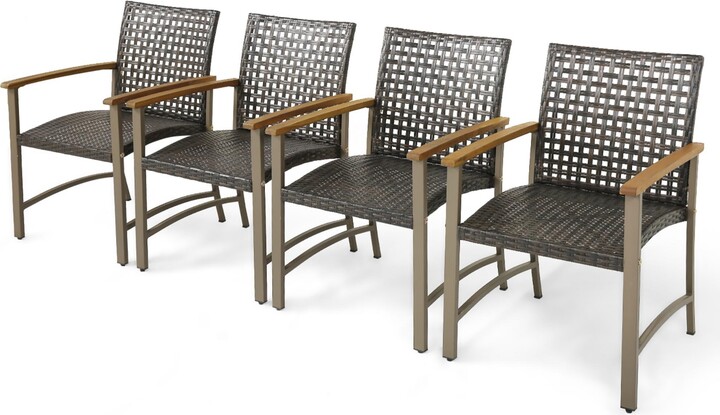 Gymax Outdoor Rattan Chair Set of 4 Patio Pe Wicker Dining Chairs w/ Acacia Wood Armrests Balcony Poolside