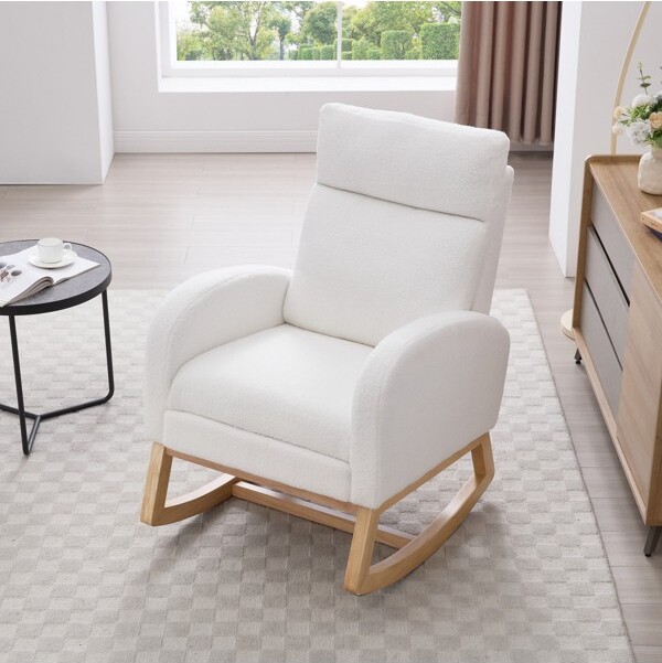 NurseryRockingChairwithAdjustableFootrest&HeadrestModernWhiteTeddyReclinerwithStoragePocketforLivingRoomBedroom-3irtyhousy