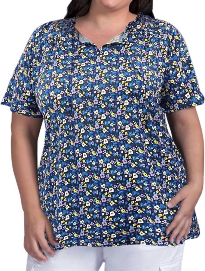 On The Plus Side Printed Short Sleeve Ruffle And Tie Top - Plus In Blue Multi Floral