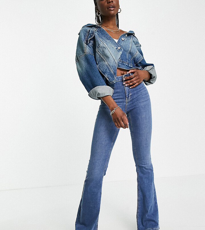 Topshop Tall Jamie flare jeans in mid blue - ShopStyle