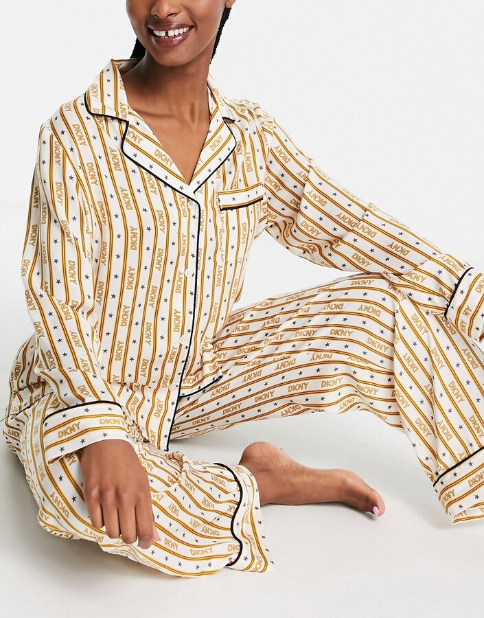 DKNY premium logo satin revere pyjama set in cream stripe - ShopStyle