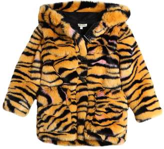 Kenzo Kids Hooded Tiger Printed Faux Fur Coat
