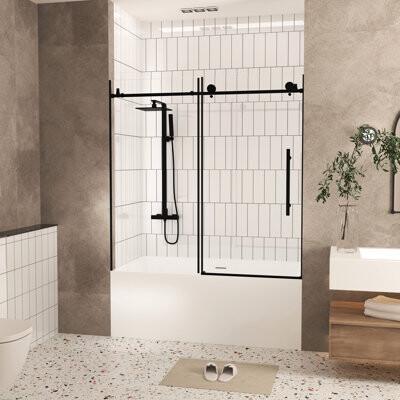 Wovilo 56 - 60" W Shower Door, H, 6 Mm Clear Tempered Glass, Proof Film, Long Term Use Stainless Steel Handle, Matte Black, Water Leak Prevention For Bathroo