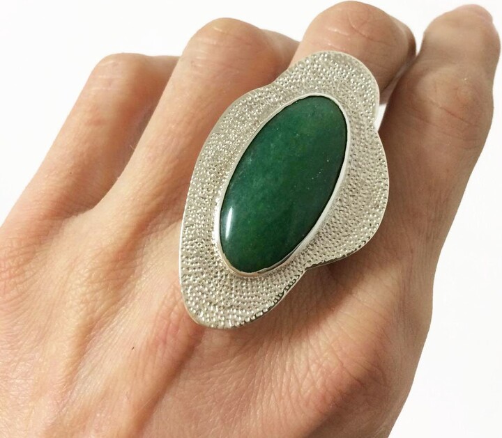 Etsy Silver Green Stone Ring, Dark Oval Aventurine Big Gemstone Natural Gift For Her, Handmade Birthday