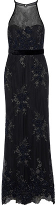 Badgley Mischka Velvet-trimmed Embellished Tulle Halterneck Gown
