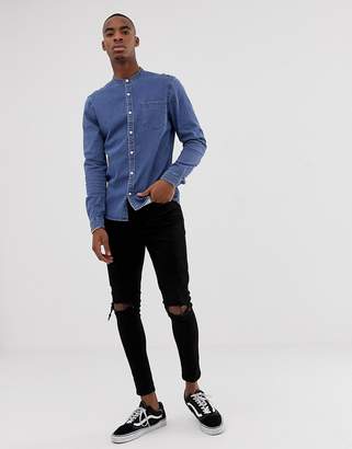ASOS Design DESIGN stretch slim denim shirt in mid wash with grandad collar-Blue
