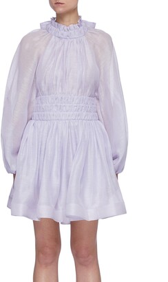 Zimmermann 'Luminous' Open Back Frill Collar Blouson Sleeve Linen Silk Blend Mini Dress