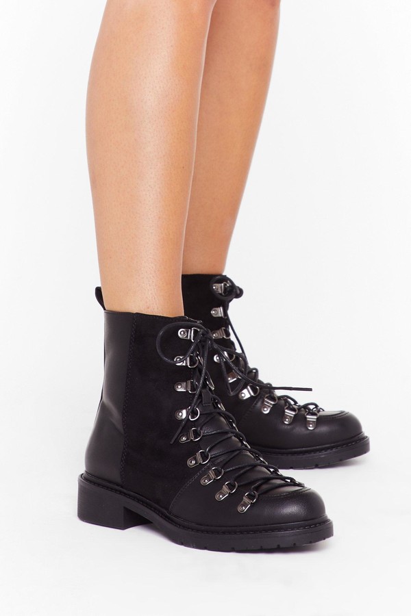 Faux Leather Lace-Up Boots - Black 
