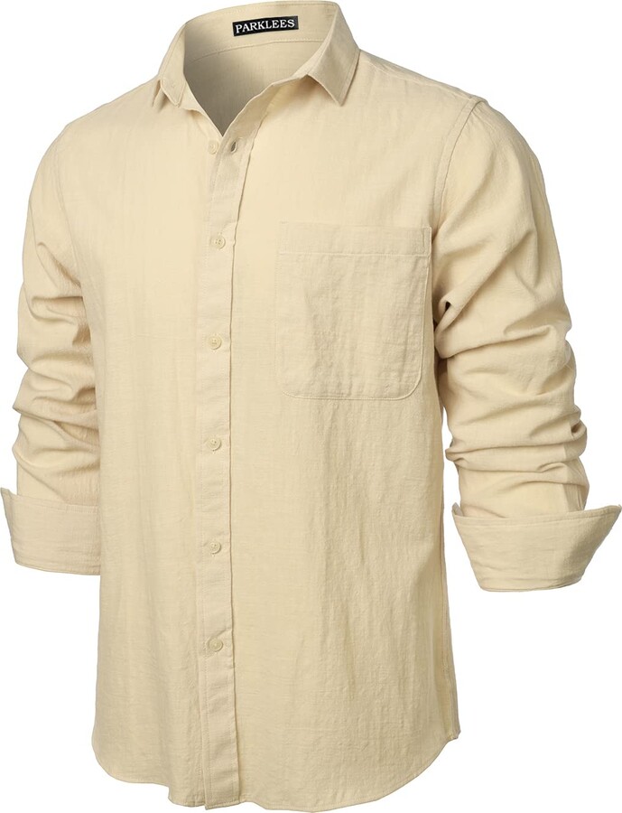 PARKLEES Men's Regular Fit Cotton Like Linen Shirt Casual Long Sleeve ...