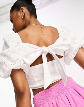 ASOS DESIGN broderie sleeve milkmaid top in white ShopStyle