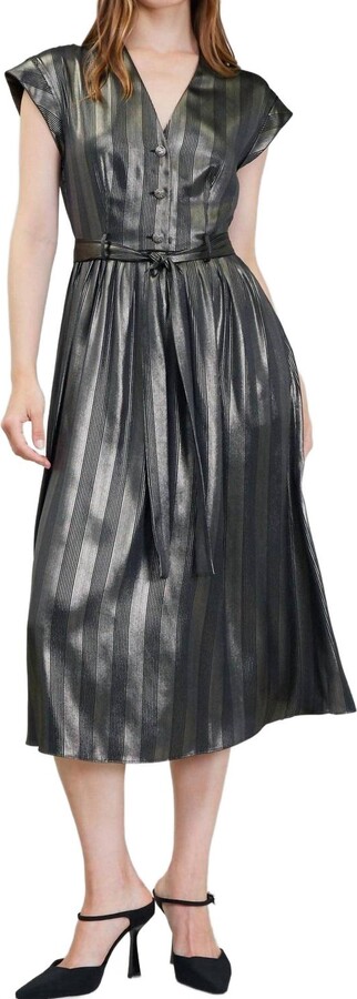 Nyland Berlin Short Sleeve V-Neck Midi Dress In Black Gold