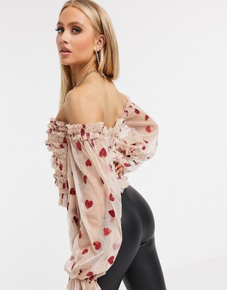 Lace & Beads exclusive bardot ruffle top with sheer balloon sleeves in glitter heart print