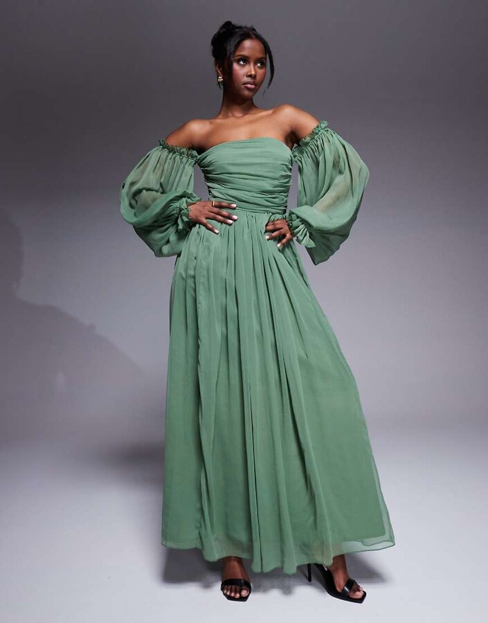 Lace & Beads off shoulder balloon sleeve maxi dress in olive