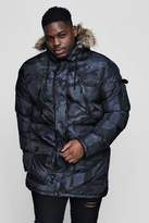 Thumbnail for your product : boohoo Big And Tall Black Camo Padded Parka With Faux Fur Hood