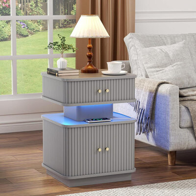 17 Stories Led End Table With Charging Station For Bedroom Grey | Mid-century Bedside Table Night Table 2 Sliding Doors Curvy Edge Design