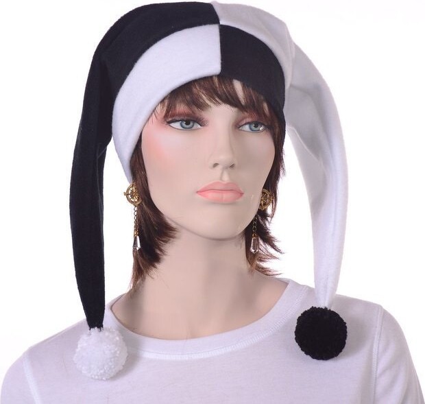 Etsy Fleece Jester Harlequin Hat Black & White Pompom Clown Hat