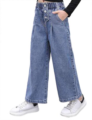 iiniim Kids Girls Youth Fashion Washed Elastic Letter Waist Wide Leg Jeans Skinny Casual Demin Pants Baggy Trousers 