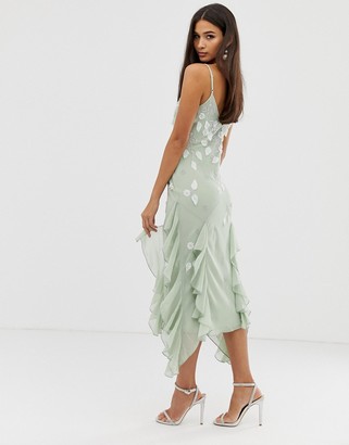 ASOS DESIGN strappy midi dress with ruffles and 3D embellishment