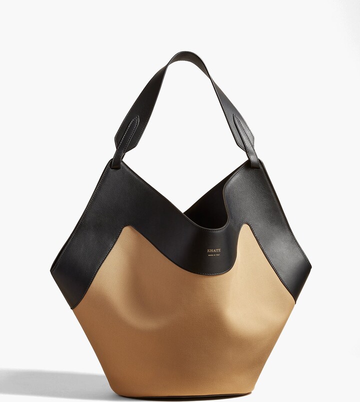KHAITE Medium Lotus Tote in Honey and Black Leather