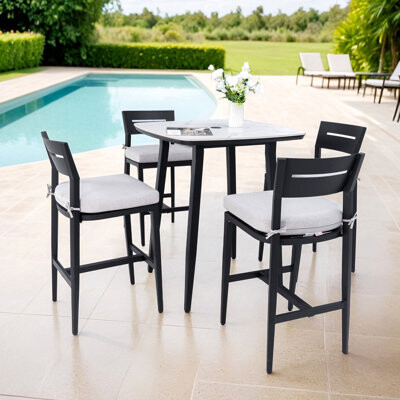 Hokku Designs Modern 5Pc Outdoor Patio Bar Set Rounded Square Sintered Stone Table & 4 Aluminum Bar Stools Ember Black Greek White Marble-Inspired Top Tapered L